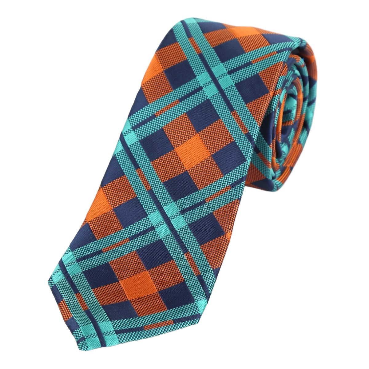 Orange/Navy/Aqua Luxury Check Weave Neck Tie