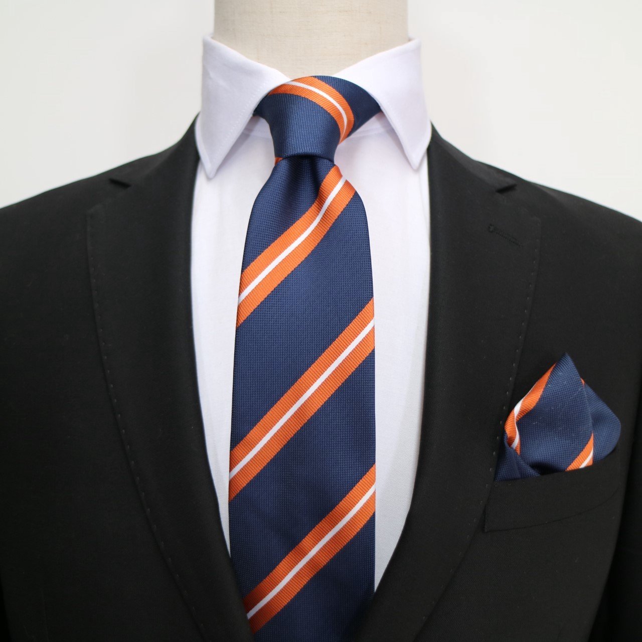 Navy/Orange/White Luxury Regimental Striped Weave Neck Tie