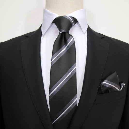 Black/Char/White Luxury Regimental Striped Weave Neck Tie
