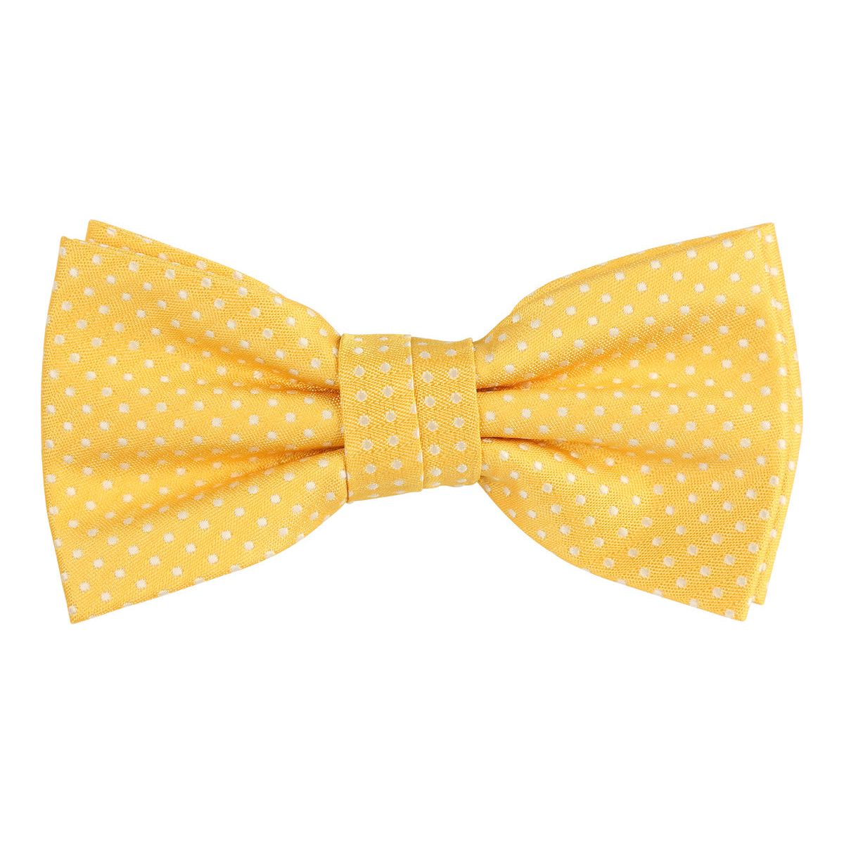 a golden yellow woven bow tie with a white spotted design