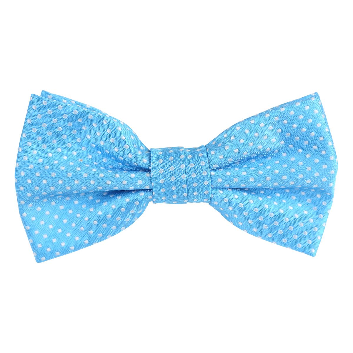 a turquoise blue bow tie with small white spotted print all over
