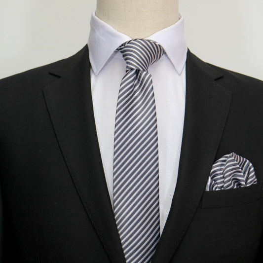 Charcoal/White Luxury Diagonal Striped Weave Neck Tie