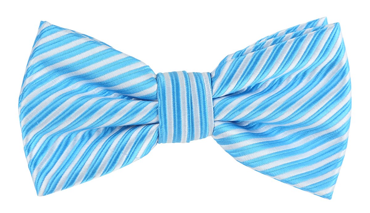 a turquoise blue and white striped bow tie