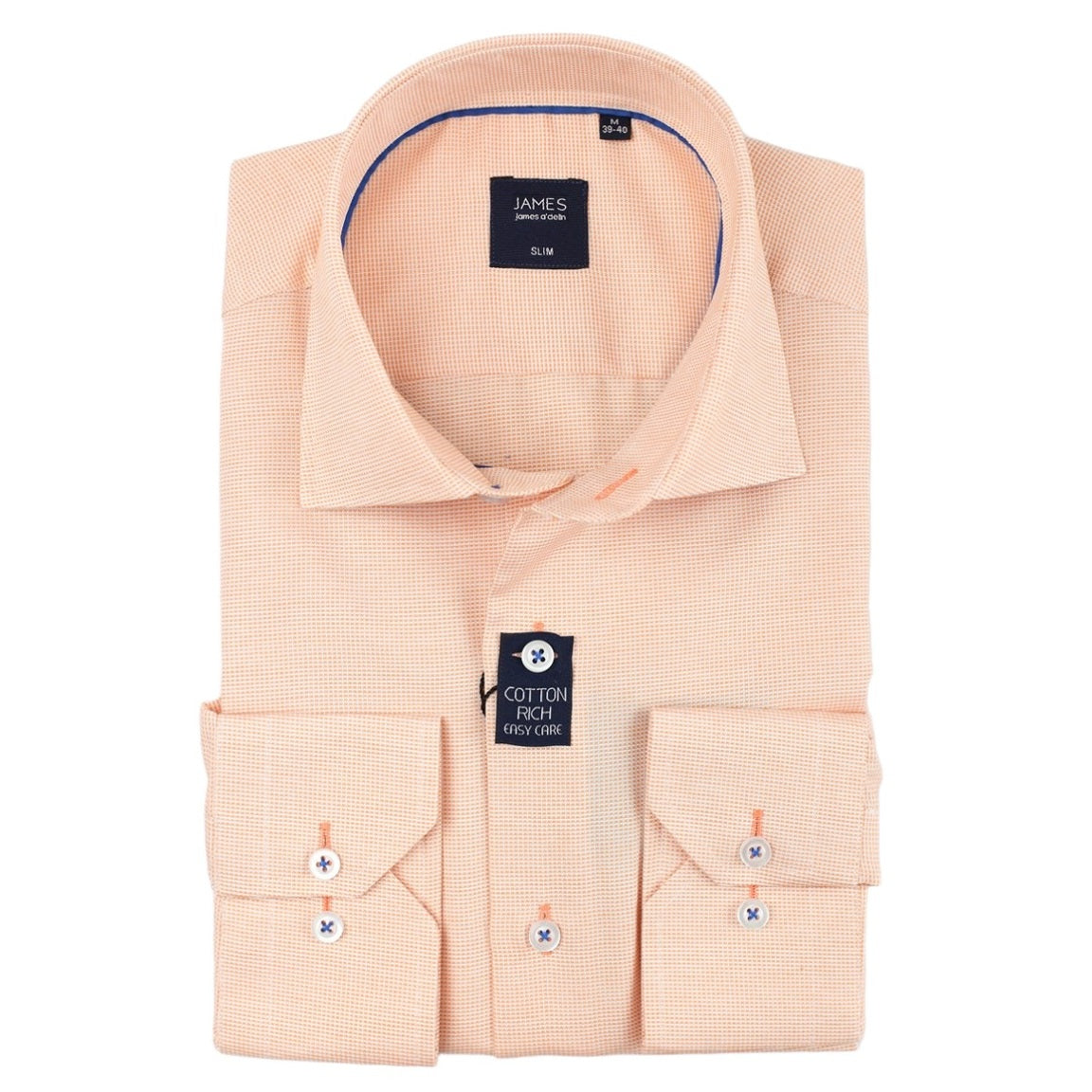 Soft Orange Cotton Rich Textured Weave Slim Fit Long Sleeve Shirt