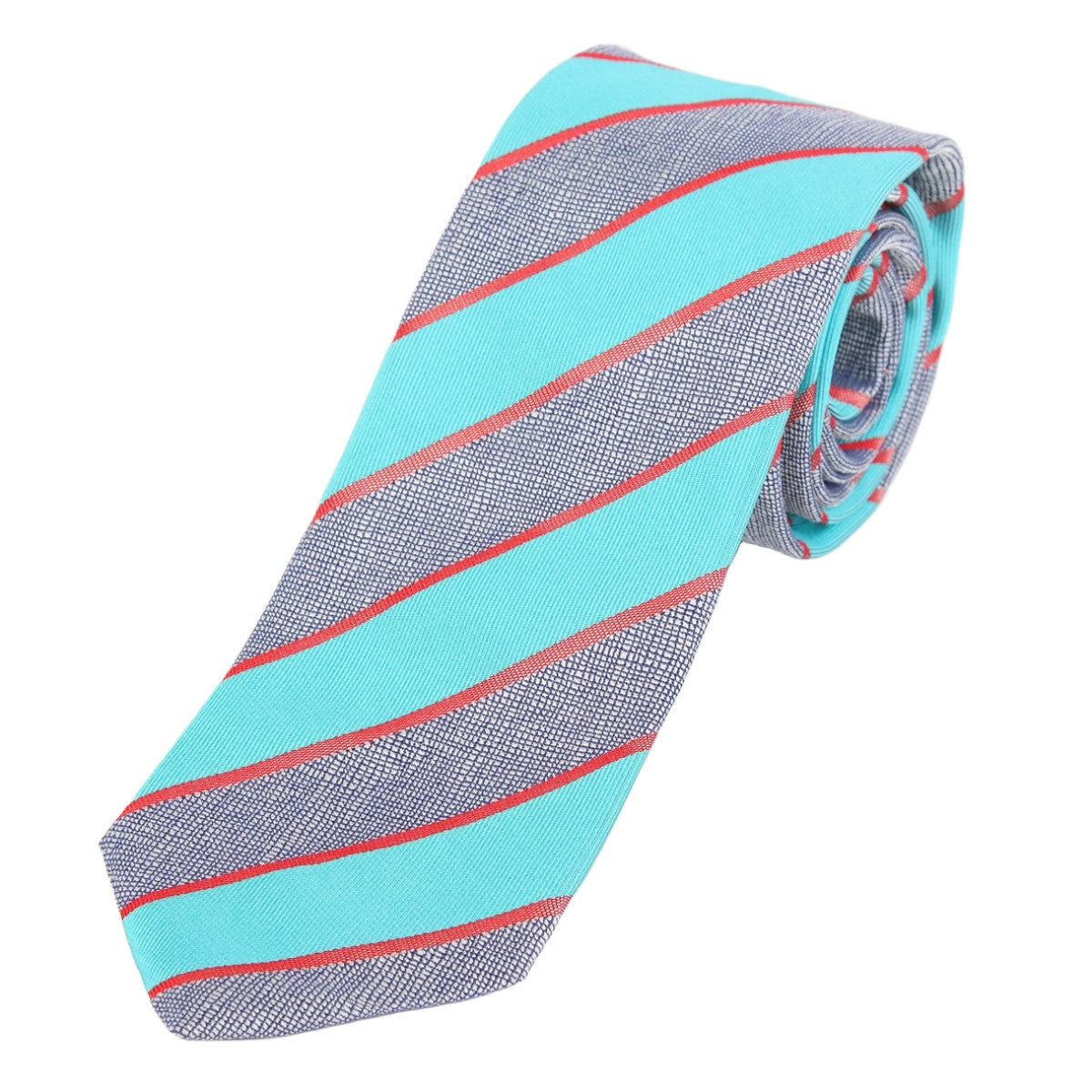 Turquoise/Grey Striped Mens Italian Silk Neck Tie