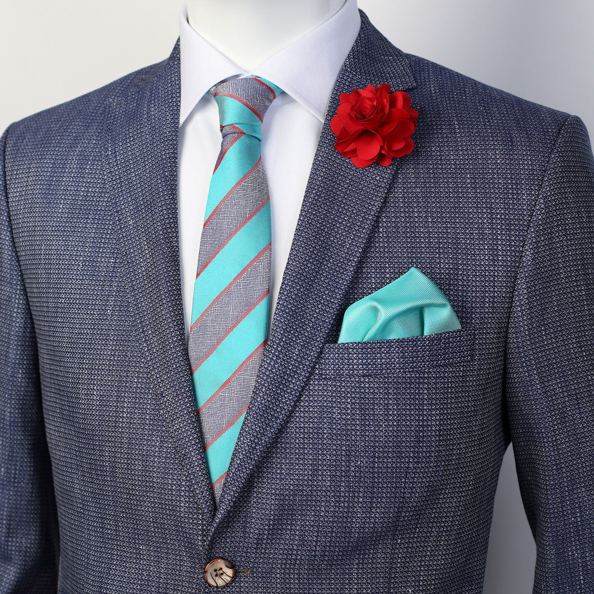 Turquoise/Grey Striped Mens Italian Silk Neck Tie
