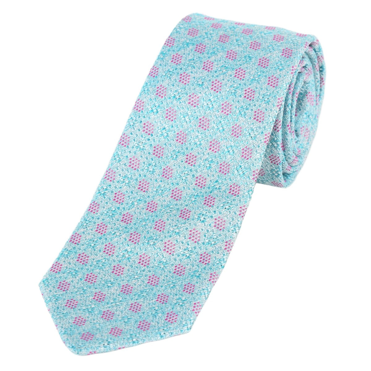 Soft Aqua and Magenta Spotted Geometric Mens Italian Silk Tie