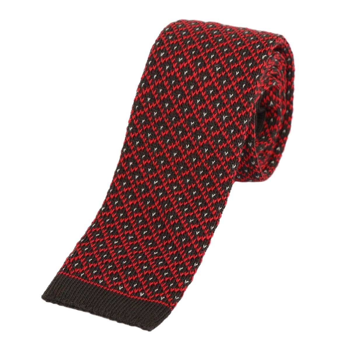 Brown/Red Spotted Check Mens Knitted Tie