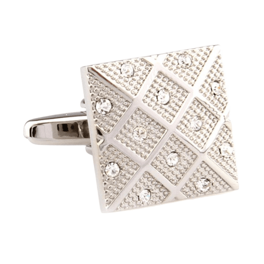 Silver Crystal Square Grid Cuff Links