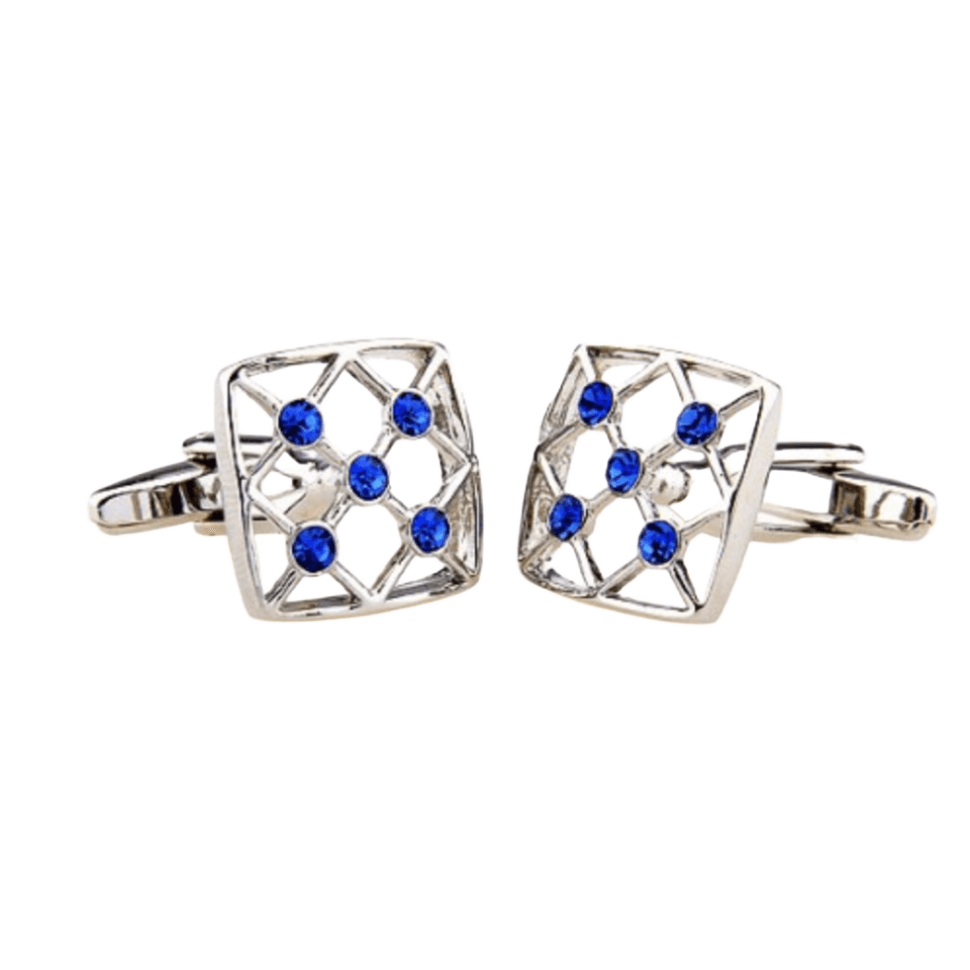 Silver/Blue Crystal Hollow Square Cuff Links