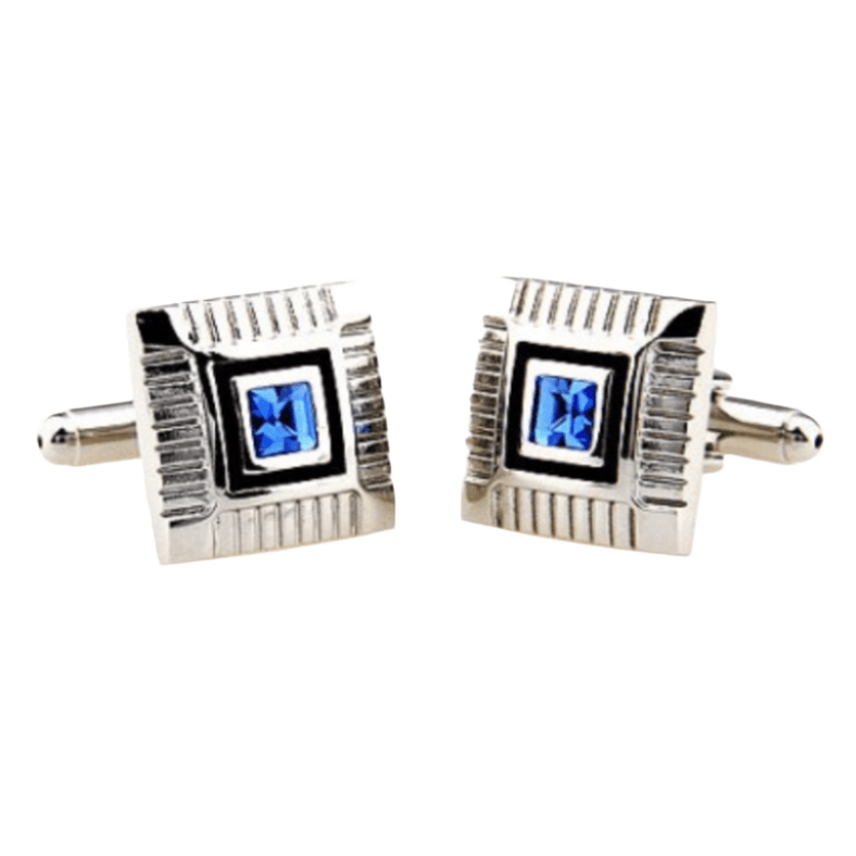 Silver/Black/Blue Crystal Square Cuff Links