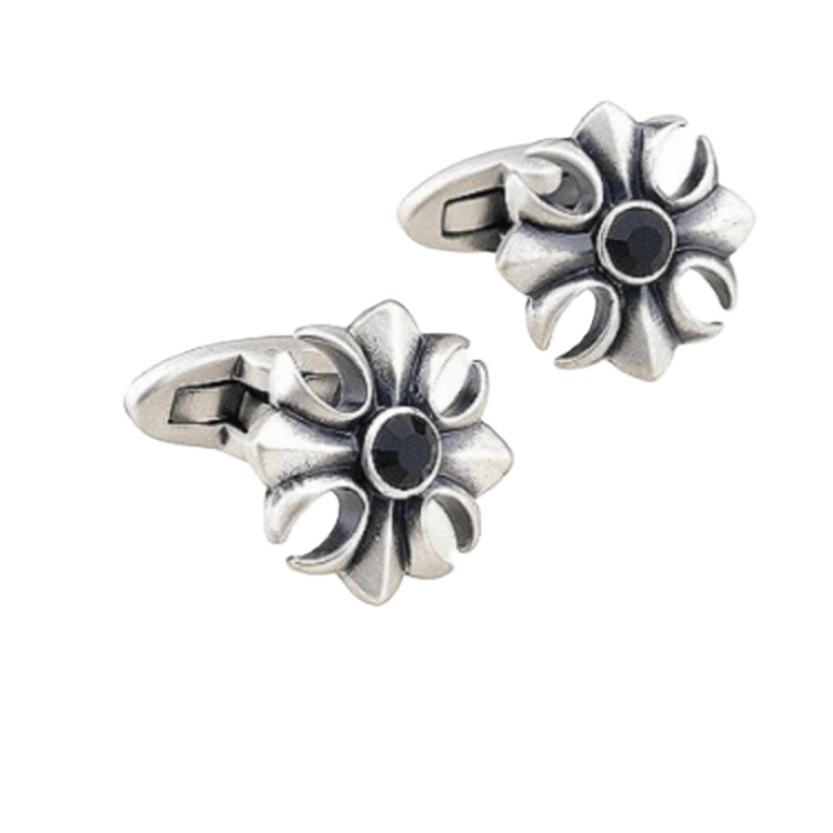 Silver/Black Vintage Crystal Flower Cuff Links
