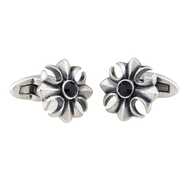Silver/Black Vintage Crystal Flower Cuff Links