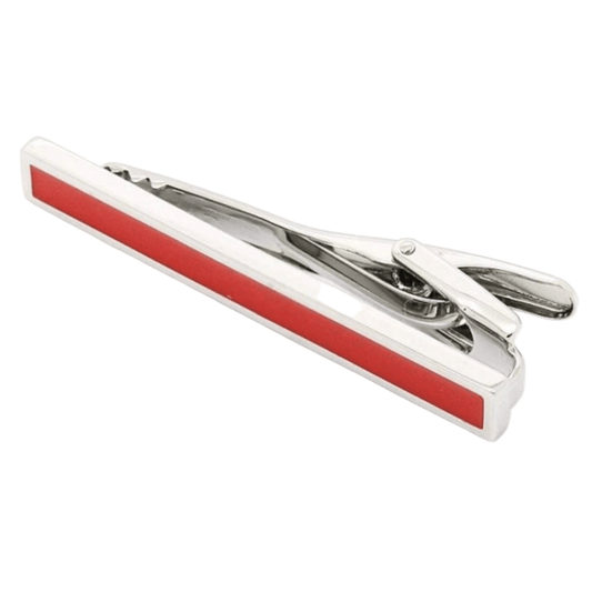 a silver chrome tie clip with red accents
