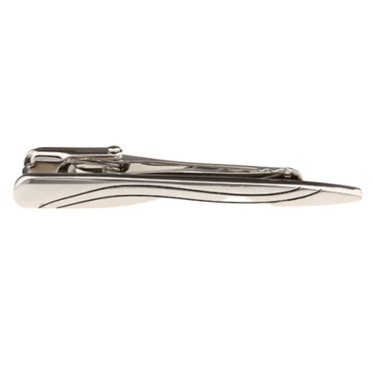 a silver tie clip with an embossed line through it