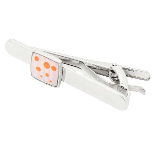 a silver mens tie clip with pink and orange stripe and spot design