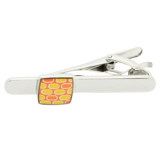 james adelin mens tie clip in a silver chrome with an orange and yellow square feature