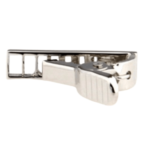 the back of the silver tie clip showing the clasp design