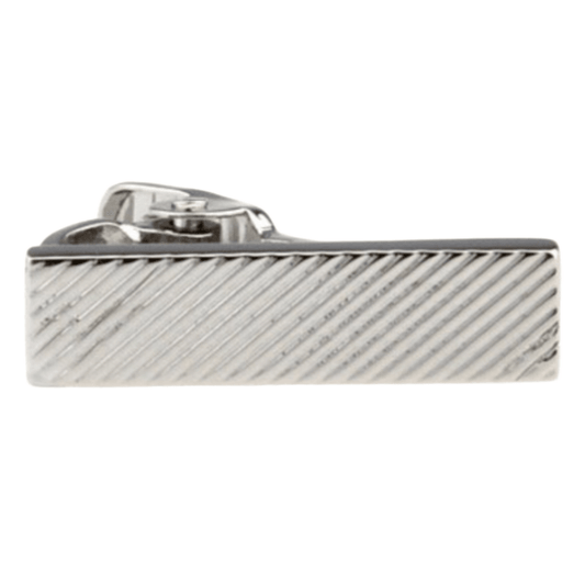 a rectangle shaped tie clip in silver with diagonal stripes on it