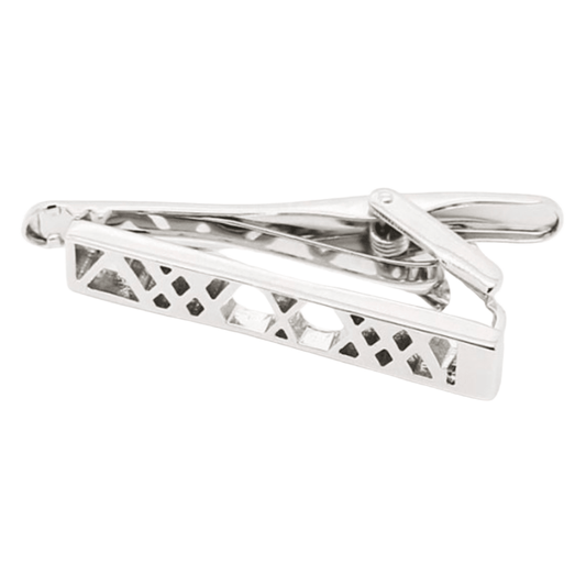 a shiny finish silver mens tie clip with a criss cross pattern