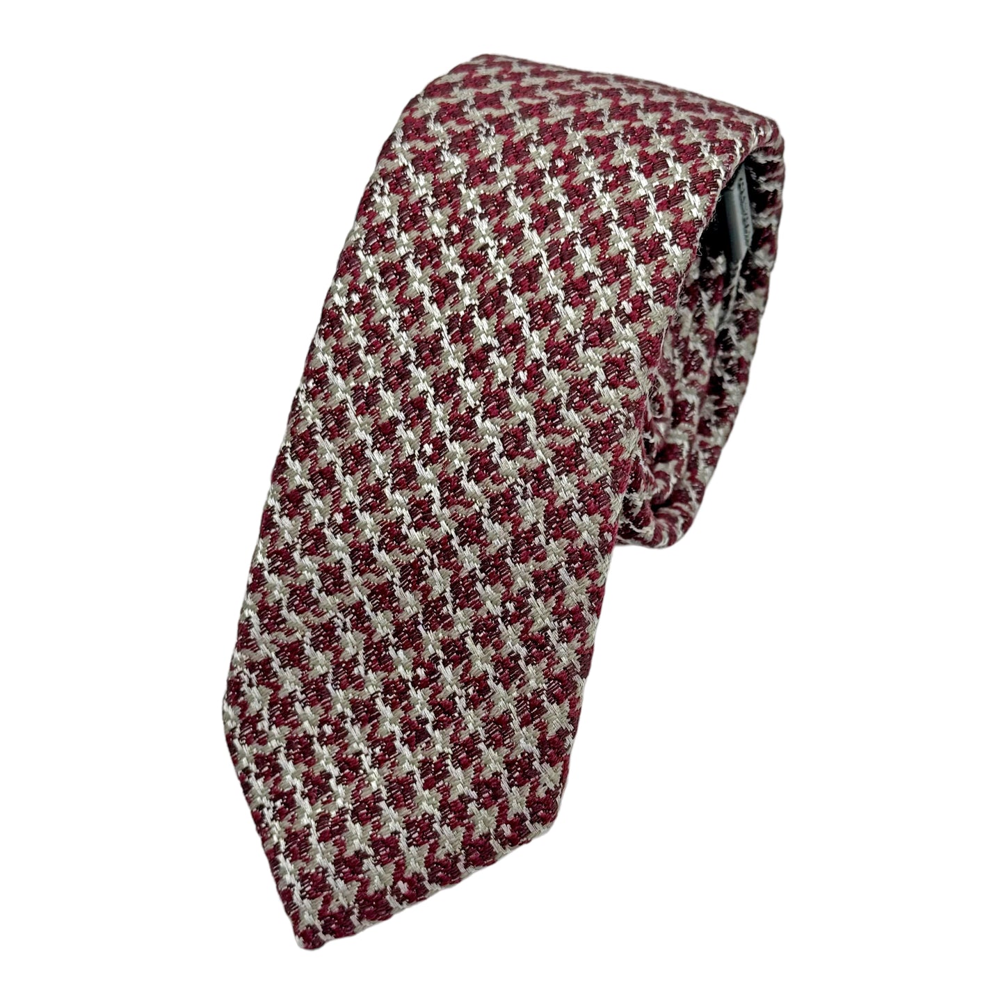 Burgundy/Beige Italian Mens Wool Blend Heavy Houndstooth Weave Skinny Neck Ties