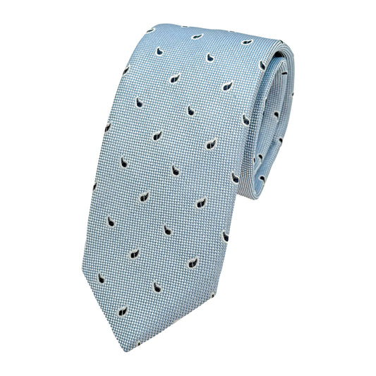 Light Blue Italian Mens Silk Textured Paisley Weave Skinny Neck Ties
