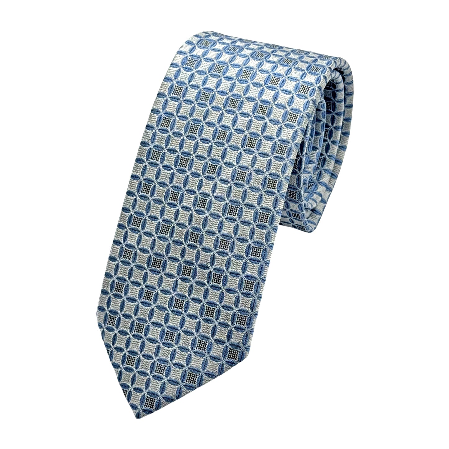 Silver Blue Italian Mens Silk Geometric Weave Neck Tie