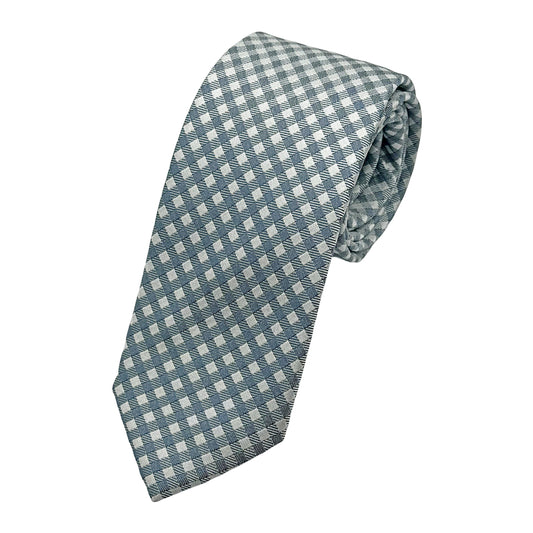 Blue Grey Italian Mens Silk Gingham Check Weave Neck Tie