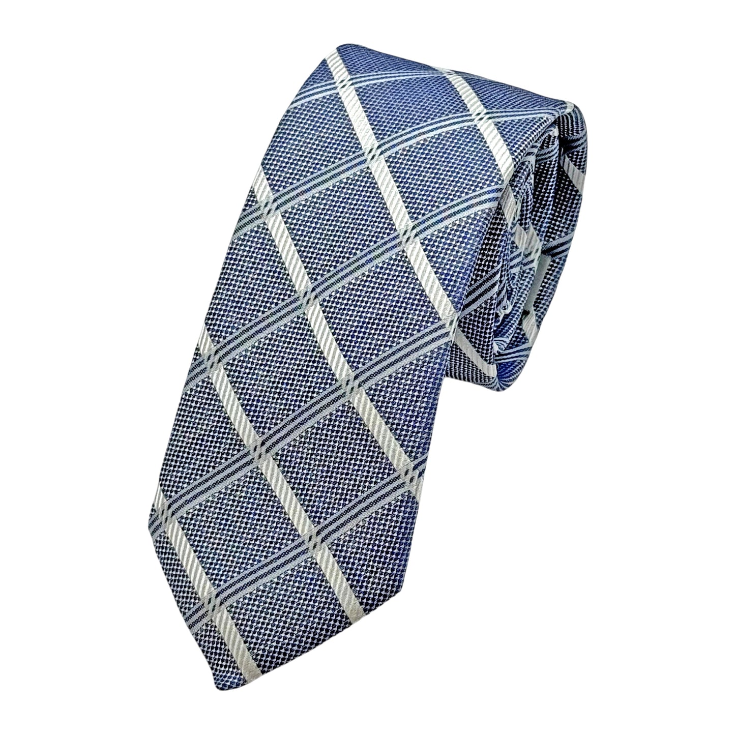 Blue Italian Mens Silk Textured Check Weave Neck Ties