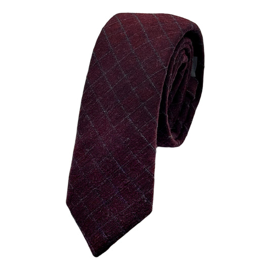 Burgundy Italian Mens Wool Blend Window Pane Skinny Neck Tie