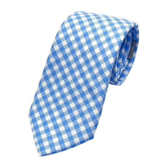 Sky Blue Italian Mens Silk Printed Gingham Check Neck Tie
