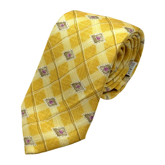 Gold Italian Mens Silk Check Printed Neck Tie