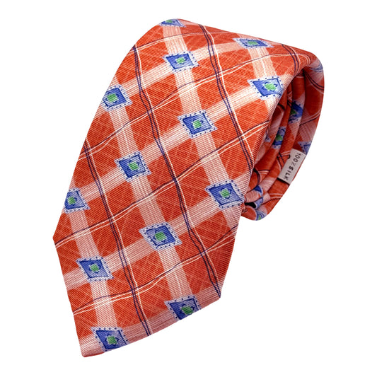 Orange Italian Mens Silk Check Printed Neck Tie