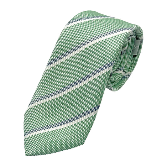 Soft Green Italian Mens Silk Blend Textured Striped Weave Neck Tie