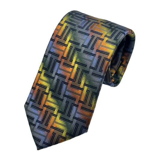 Slate Blue Italian Mens Silk Satin Geometric Graded Striped Weave Neck Ties