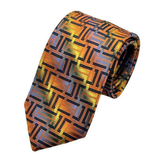 Orange Italian Mens Silk Satin Geometric Graded Striped Weave Neck Ties