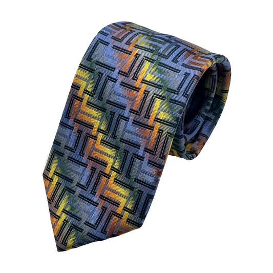 Blue Italian Mens Silk Satin Geometric Graded Striped Weave Neck Ties
