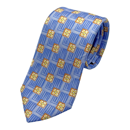 Soft Blue Mens Italian Silk Printed Geometric Floral Design Neck Tie