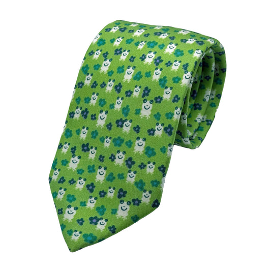 Green Mens Italian Pure Silk Printed Frogs and Flowers Neck Ties