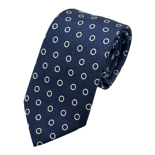 Navy Mens Italian Silk Textured Circular Motifs Weave Neck Tie