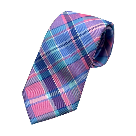 Pink/Blue Mens Luxury Microfibre Neck Tie in Textured Check Weave Design