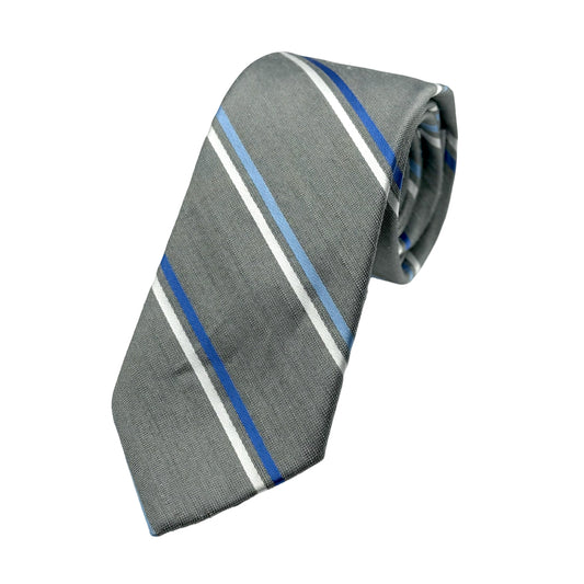 Silver Mens Luxury Linen Blend Skinny Neck Tie in Textured Striped Slub Weave Design