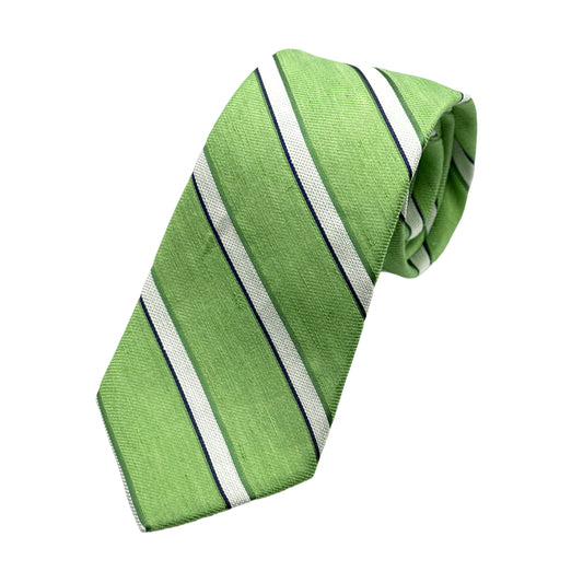 Soft Green Mens Luxury Silk/Linen Blend Neck Tie in Textured Slub Striped Weave Design