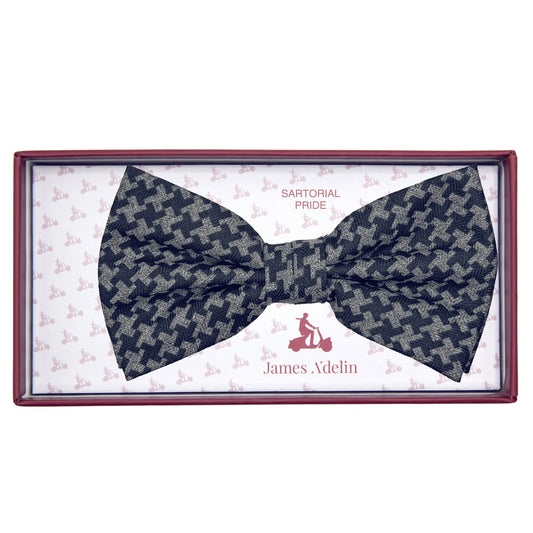 Navy/Grey Mens Luxury Soft Wool Effect Houndstooth Weave Bow Tie