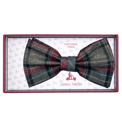 Grey/Burgundy Mens Luxury Soft Wool Effect Tartan Weave Bow Tie