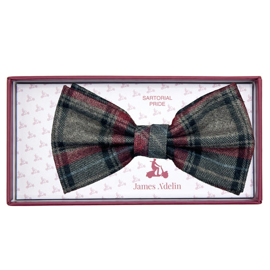 Grey/Burgundy Mens Luxury Soft Wool Effect Tartan Weave Bow Tie