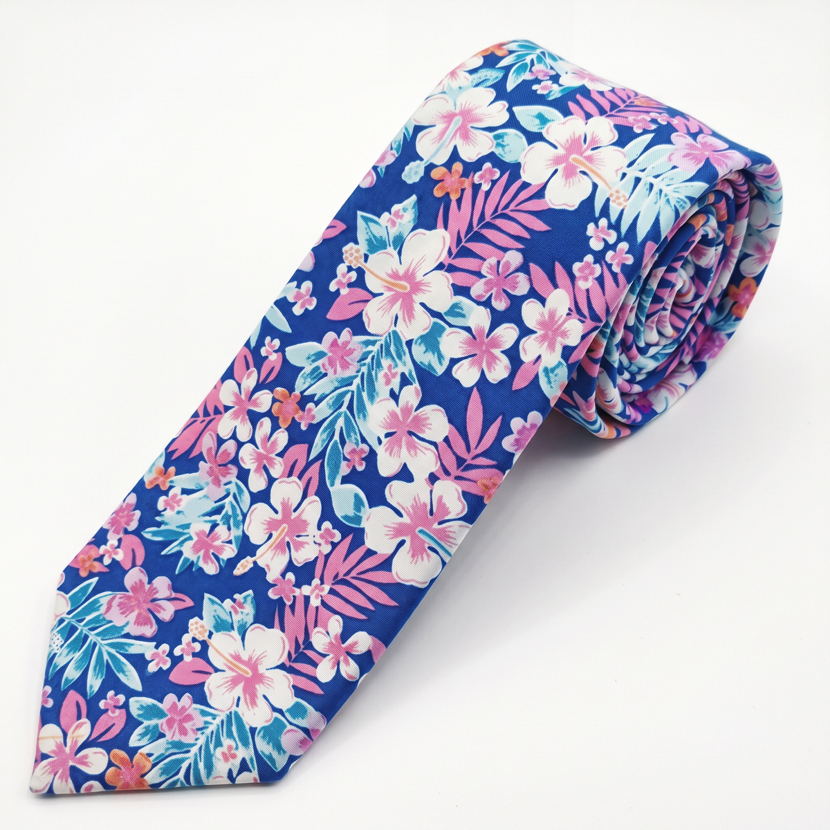 Hawaiian Hibiscus Cotton Tie – Pink & Royal Blue