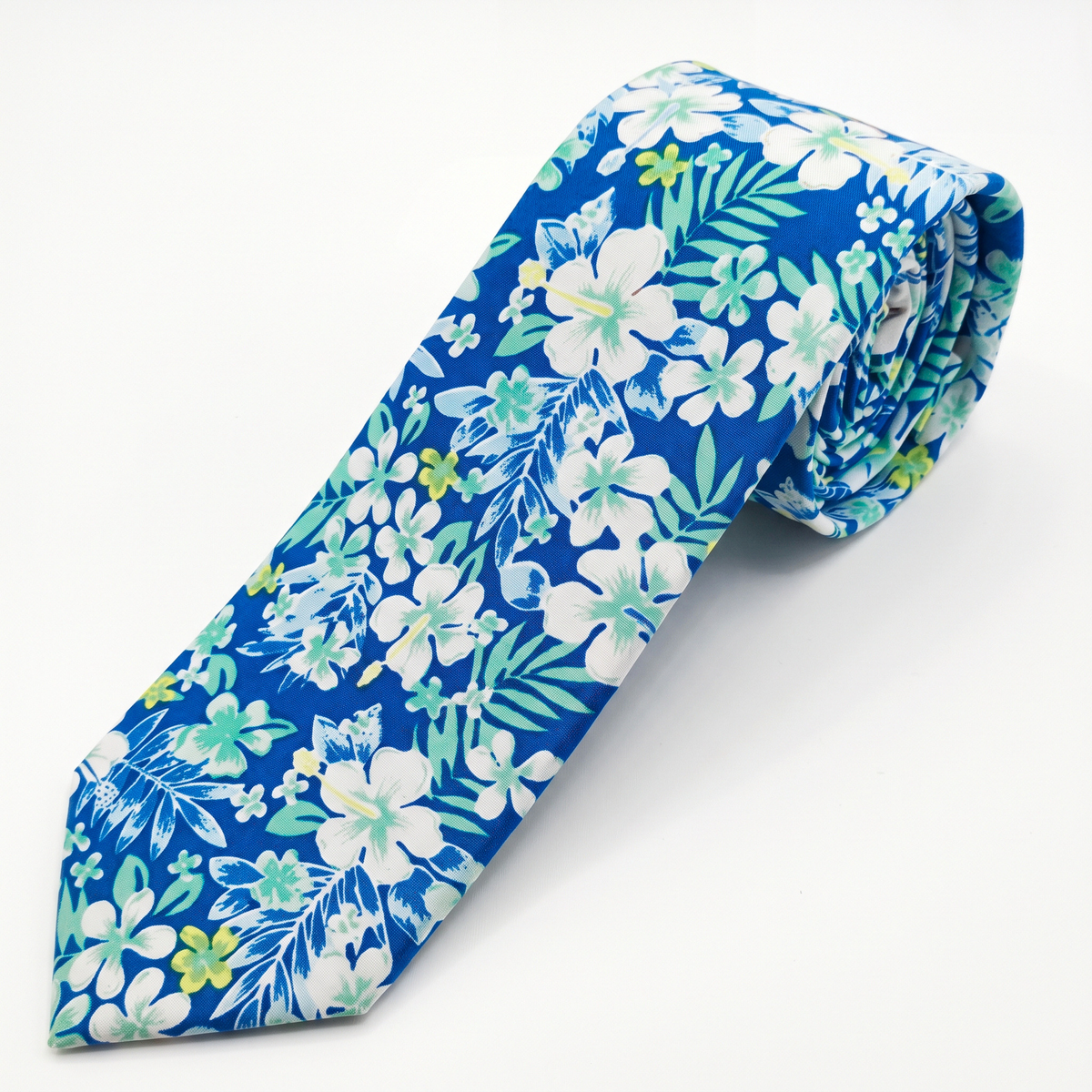 Hawaiian Hibiscus Cotton Tie – Mint & Cobalt Blue