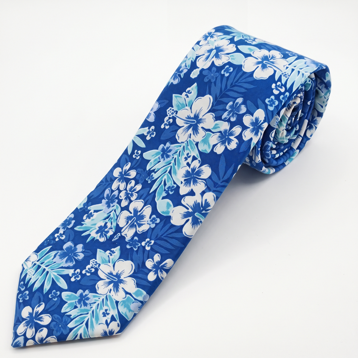 Hawaiian Hibiscus Cotton Tie – Ocean Blue & White