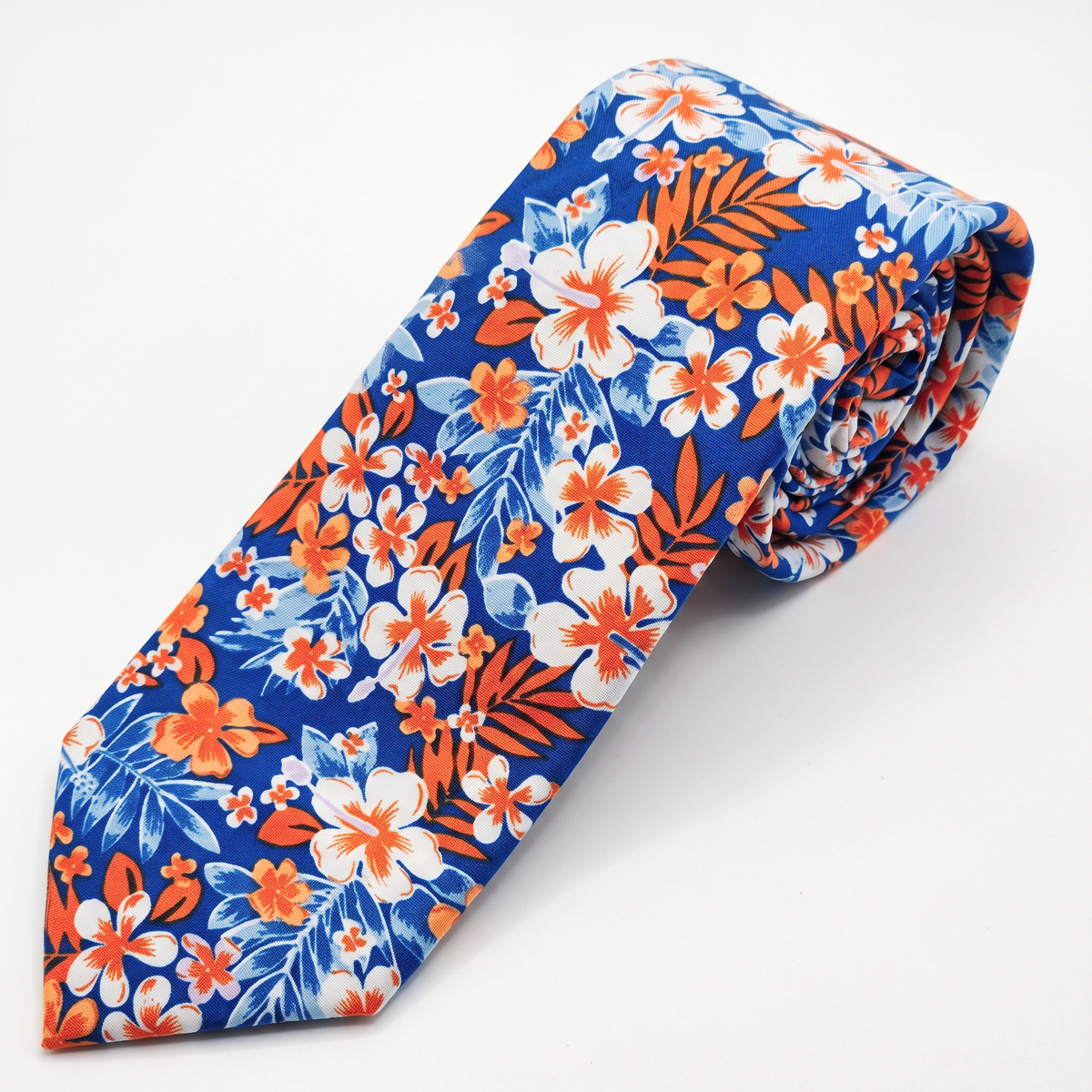 Hawaiian Hibiscus Cotton Tie – Sunset Orange & Royal Blue